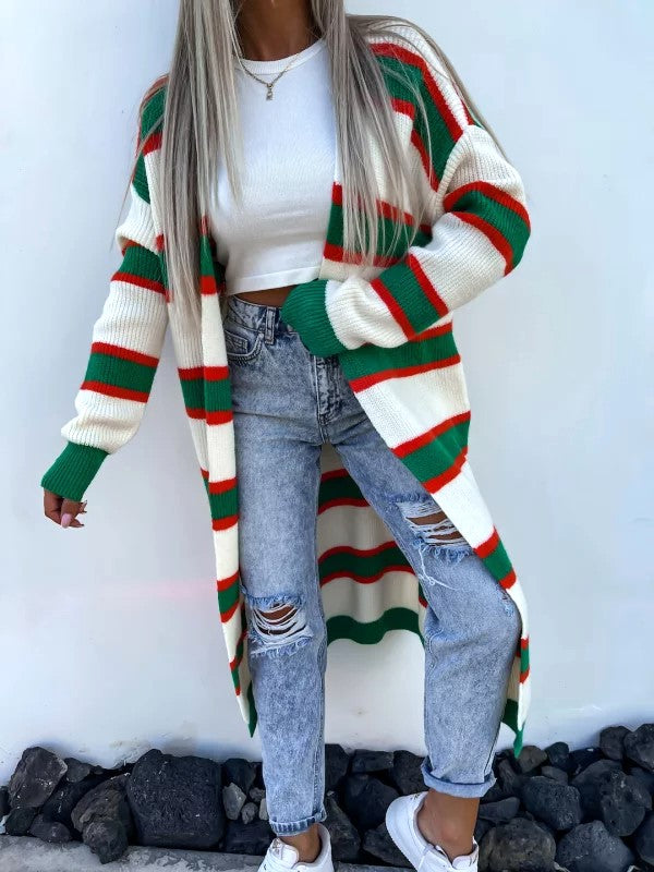 Wide Stripe Longline Open Front Cardigan - White