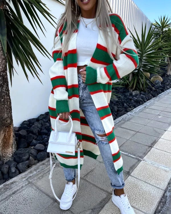 Wide Stripe Longline Open Front Cardigan - White - 1
