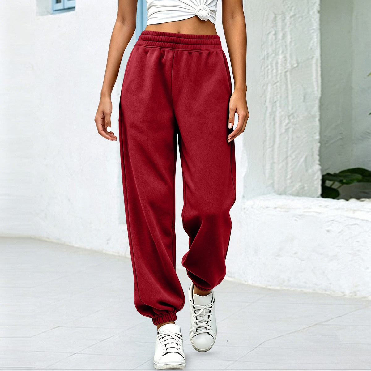 Fleece Baggy Cuffed Workout Jogger Sweatpants - Burgundy
