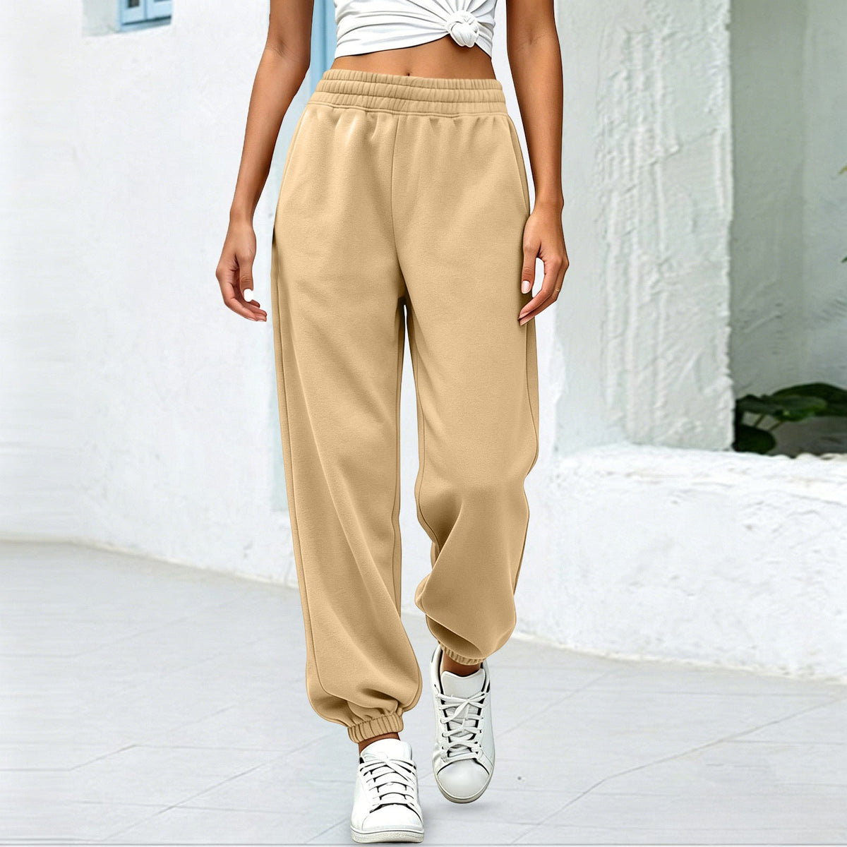 Fleece Baggy Cuffed Workout Jogger Sweatpants - Khaki