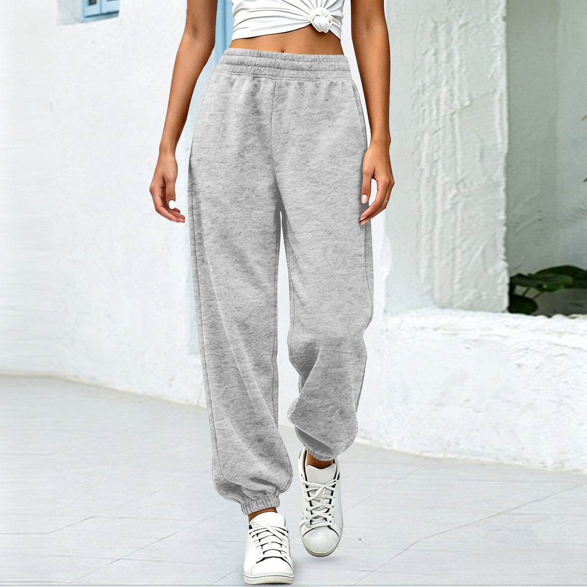 Fleece Baggy Cuffed Workout Jogger Sweatpants - Light Gray