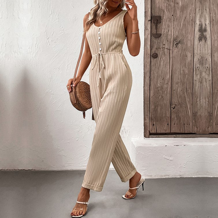 Pleated Button Front Tie Waist Jumpsuit - Apricot - 2