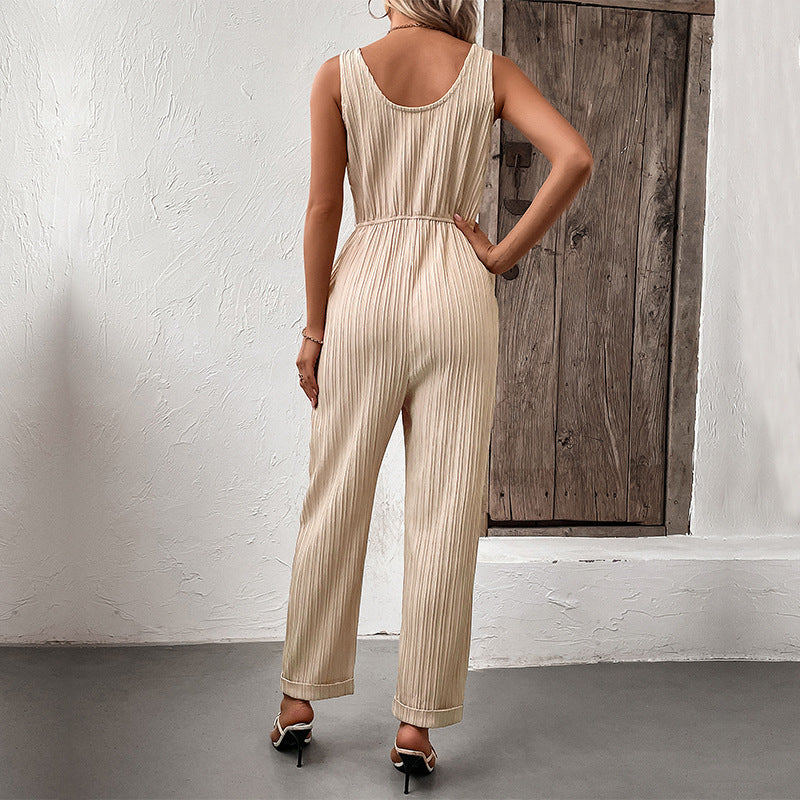Pleated Button Front Tie Waist Jumpsuit - Apricot - 3