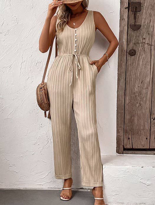Pleated Button Front Tie Waist Jumpsuit