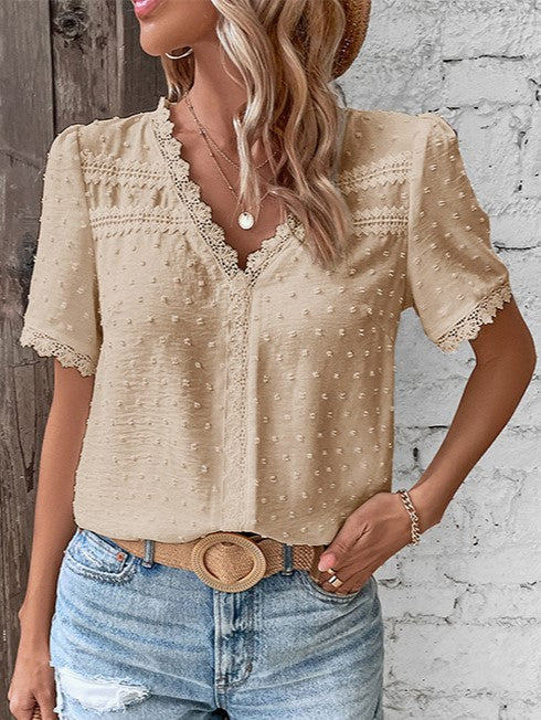 Lace Trim Swiss Dot V Neck Blouse - Apricot