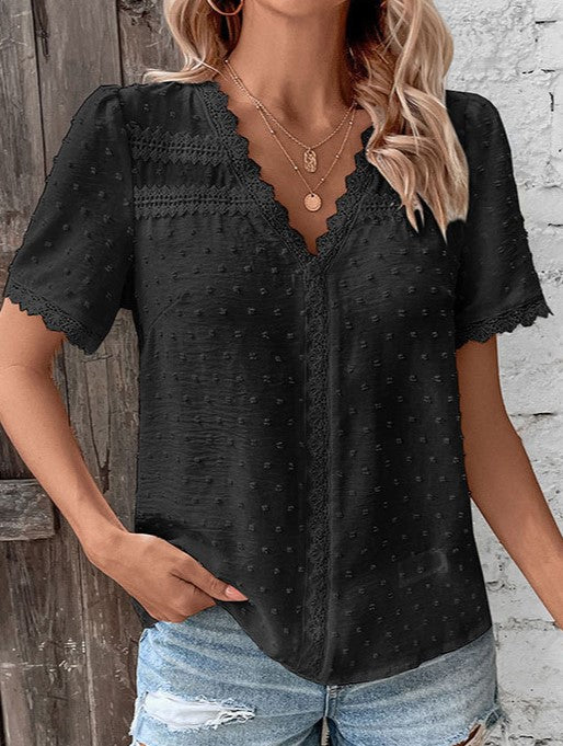 Lace Trim Swiss Dot V Neck Blouse - Black