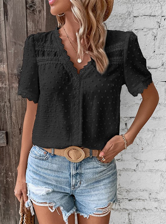 Lace Trim Swiss Dot V Neck Blouse - Black - 1