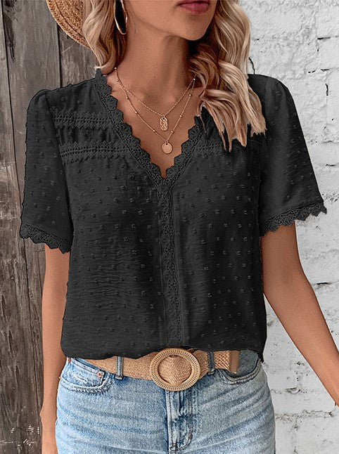Lace Trim Swiss Dot V Neck Blouse - Black - 2