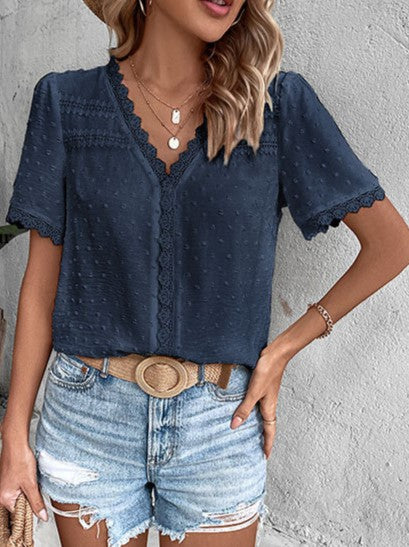 Lace Trim Swiss Dot V Neck Blouse - Darkblue