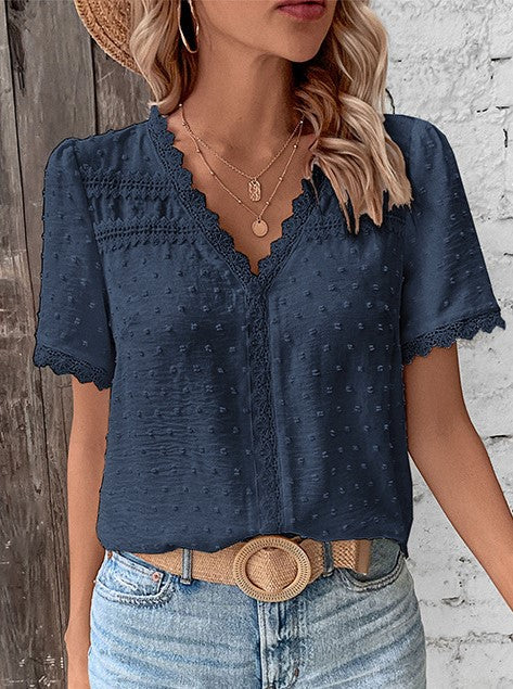 Lace Trim Swiss Dot V Neck Blouse - Darkblue - 1