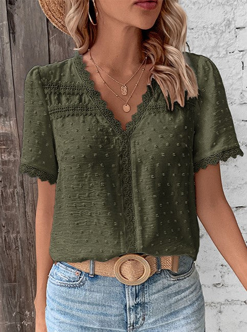 Lace Trim Swiss Dot V Neck Blouse - Darkgreen