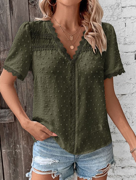 Lace Trim Swiss Dot V Neck Blouse - Darkgreen - 1