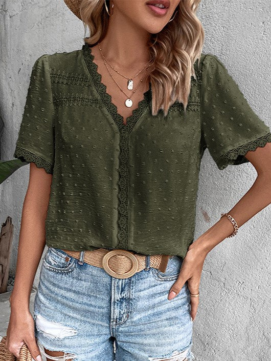 Lace Trim Swiss Dot V Neck Blouse - Darkgreen - 2