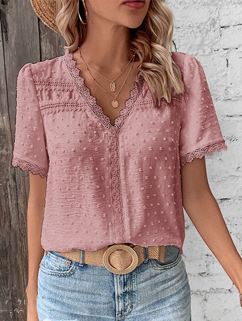 Lace Trim Swiss Dot V Neck Blouse - Pink