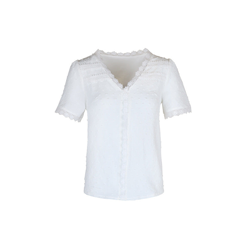 Lace Trim Swiss Dot V Neck Blouse - White