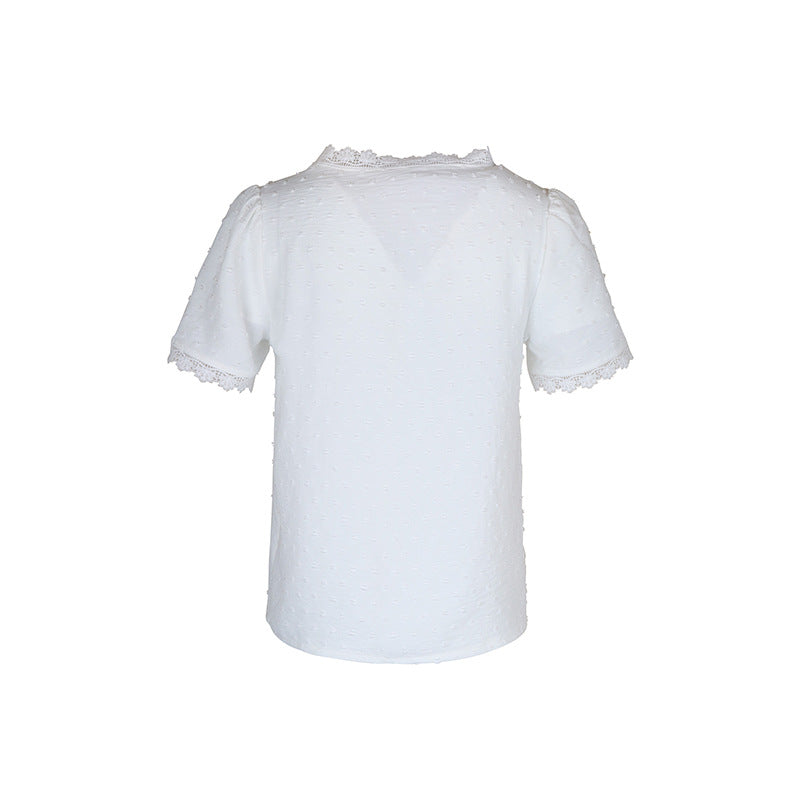 Lace Trim Swiss Dot V Neck Blouse - White - 2