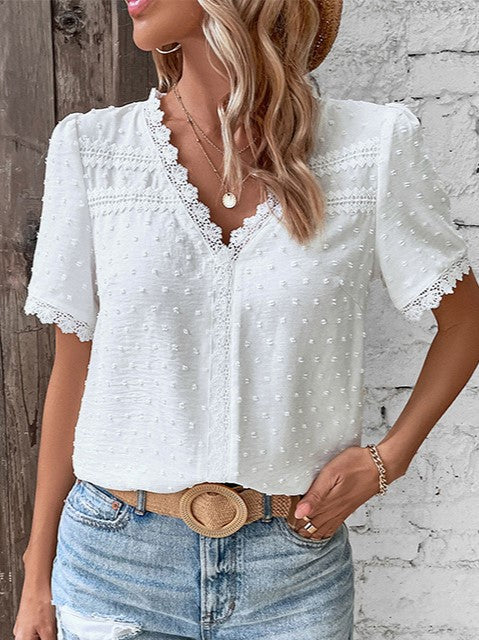 Lace Trim Swiss Dot V Neck Blouse - White - 3
