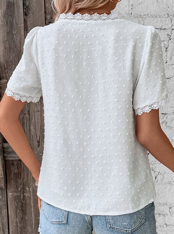 Lace Trim Swiss Dot V Neck Blouse - White - 4
