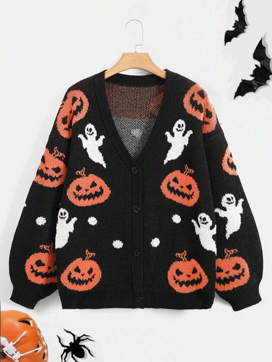 Pumpkin And Ghost Jacquard Button Cardigan - Black
