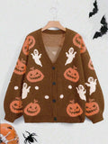 Pumpkin And Ghost Jacquard Button Cardigan - Brown