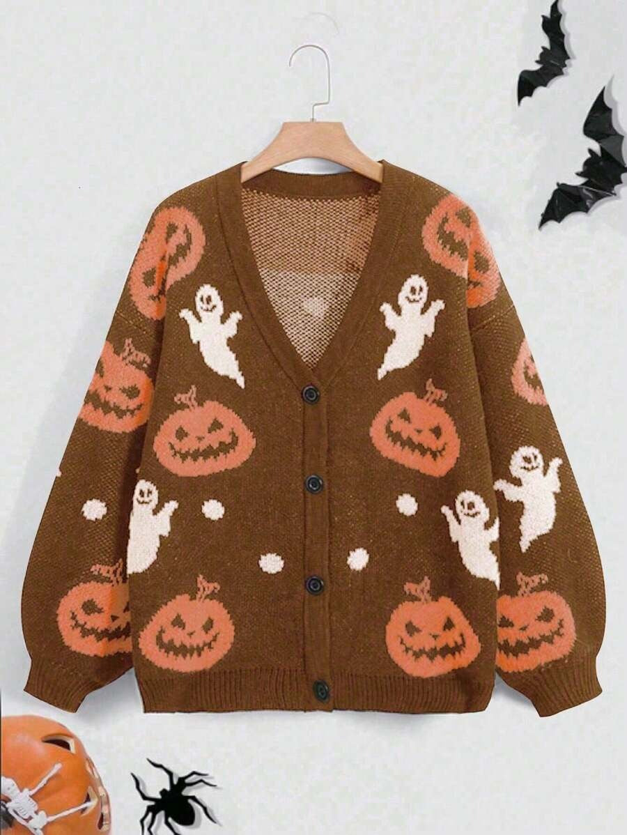 Pumpkin And Ghost Jacquard Button Cardigan - Brown