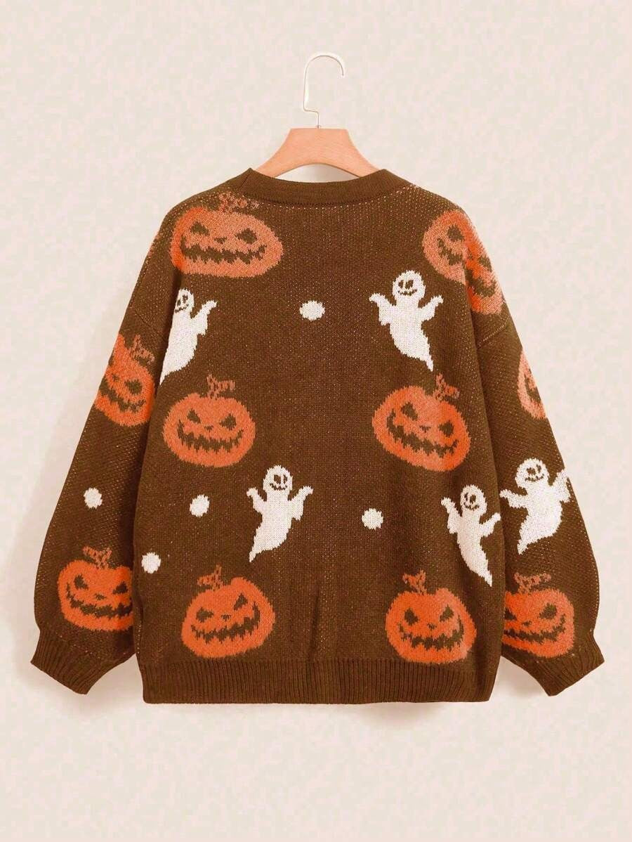 Pumpkin And Ghost Jacquard Button Cardigan - Brown - 1