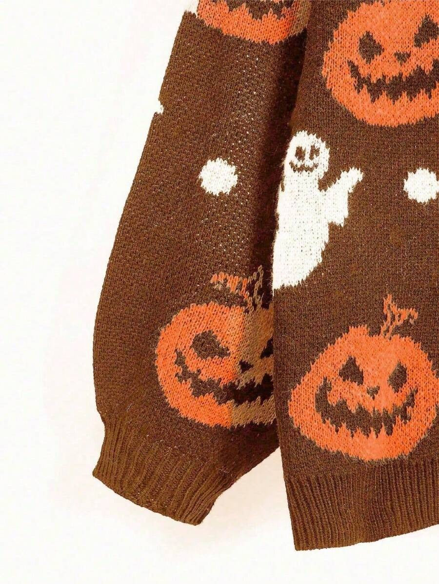 Pumpkin And Ghost Jacquard Button Cardigan - Brown - 2