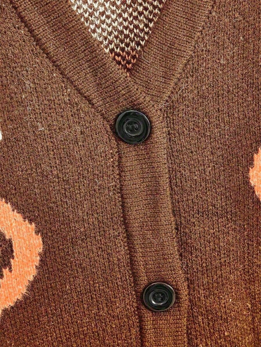 Pumpkin And Ghost Jacquard Button Cardigan - Brown - 3