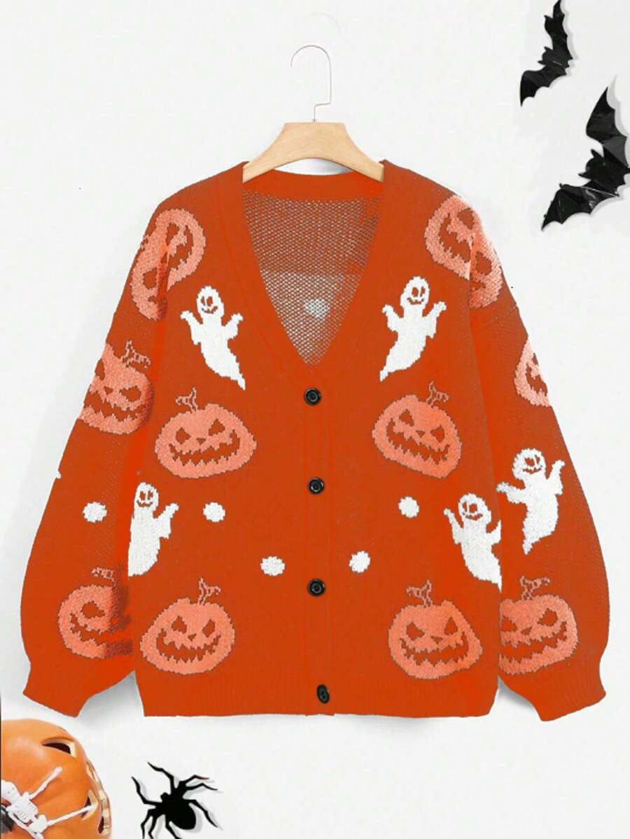 Pumpkin And Ghost Jacquard Button Cardigan - Red