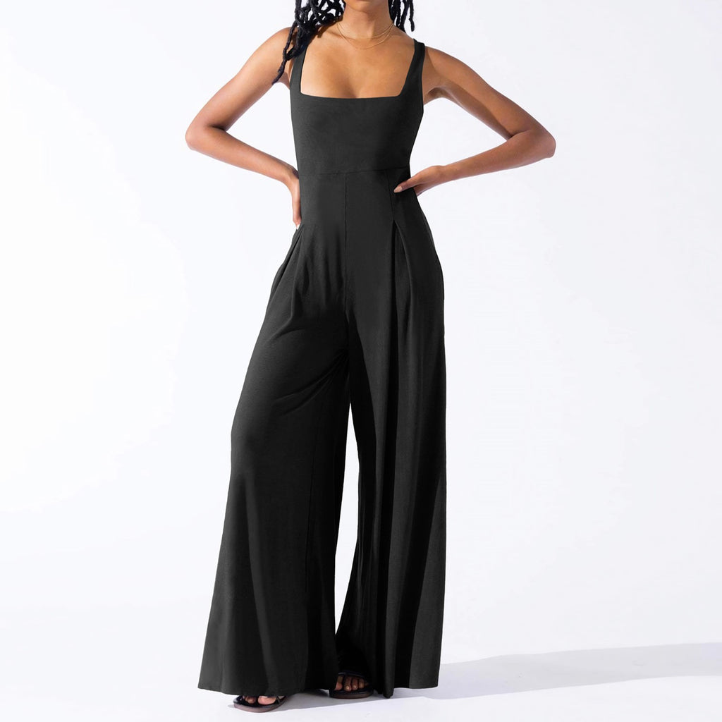 Pleated Wide Leg Jumpsuit With Pockets - Black