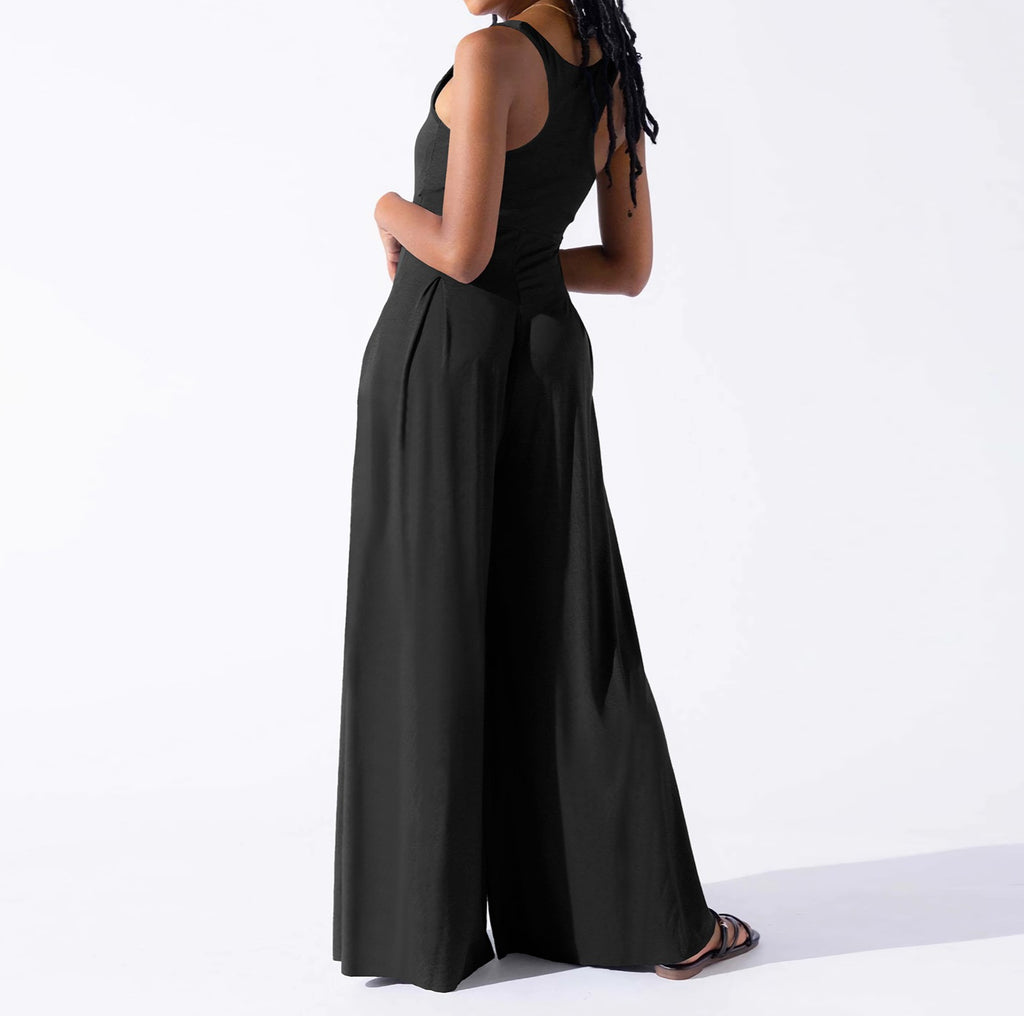 Pleated Wide Leg Jumpsuit With Pockets - Black - 1