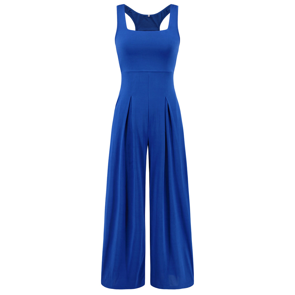 Pleated Wide Leg Jumpsuit With Pockets - Blue