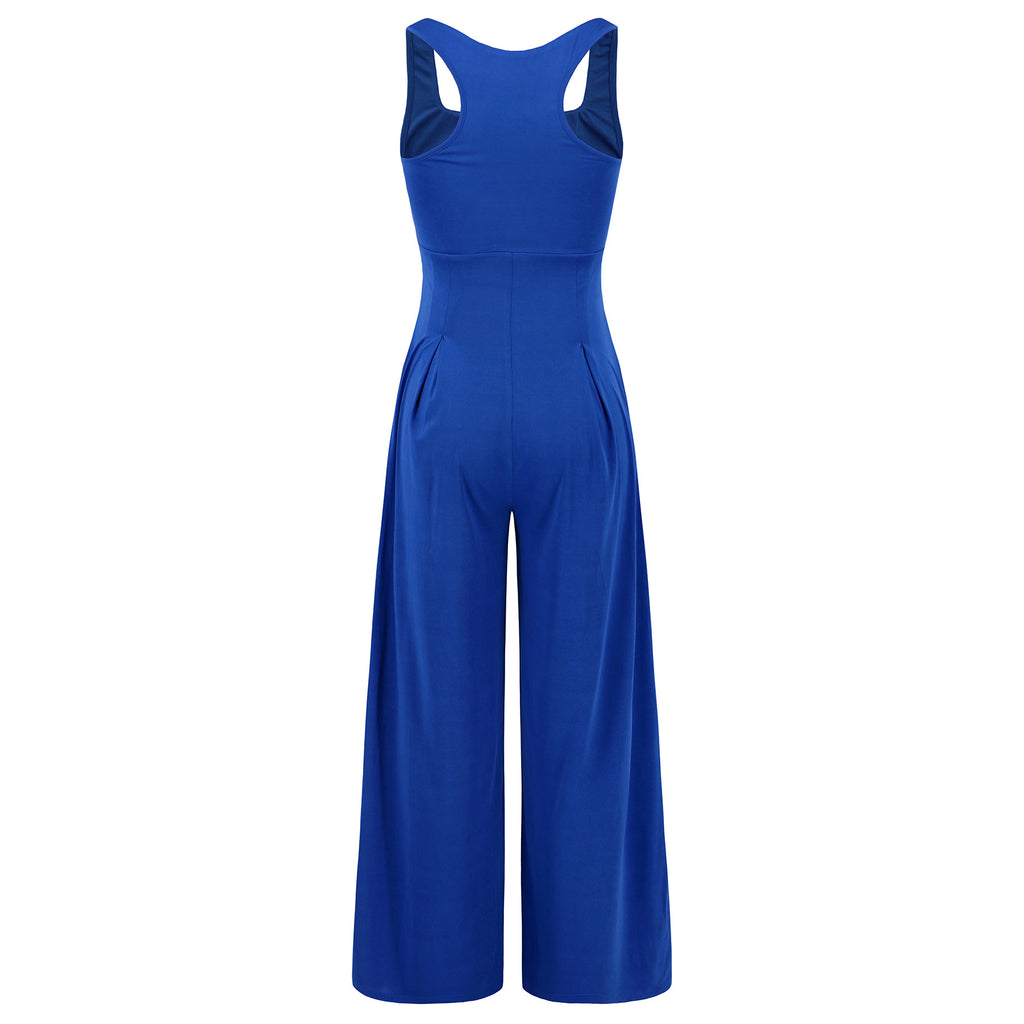 Pleated Wide Leg Jumpsuit With Pockets - Blue - 1