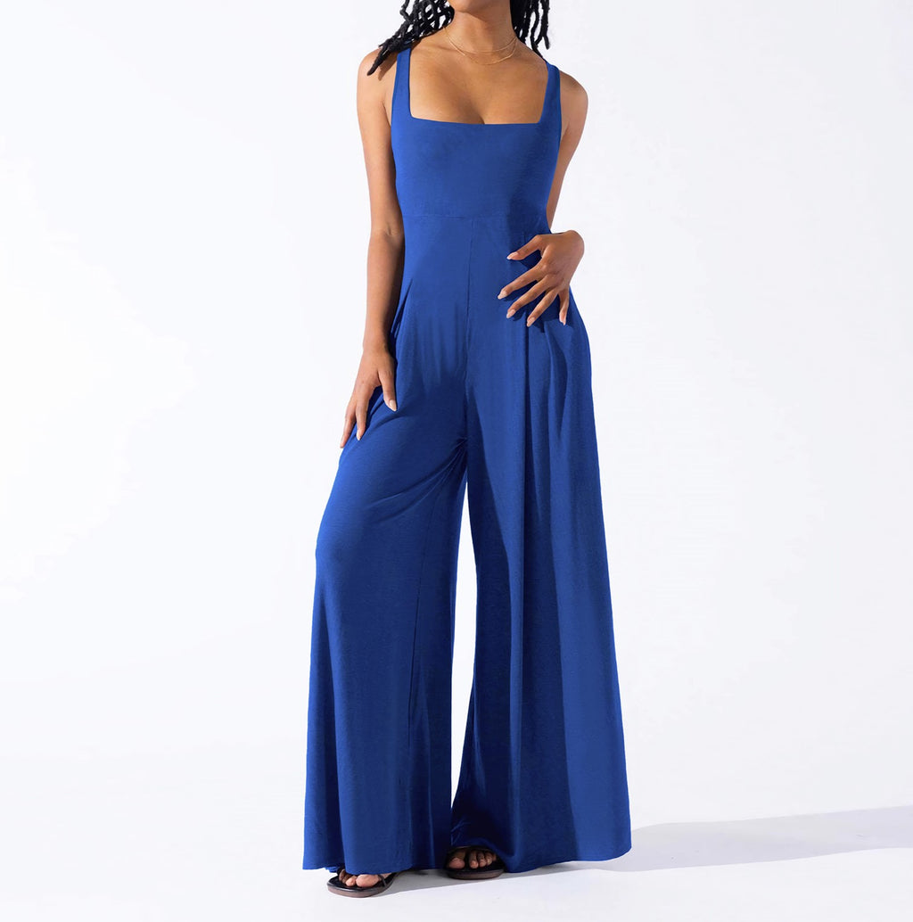 Pleated Wide Leg Jumpsuit With Pockets - Blue - 4