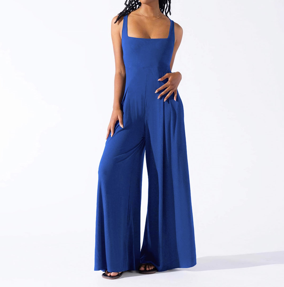 Pleated Wide Leg Jumpsuit With Pockets - Blue - 4