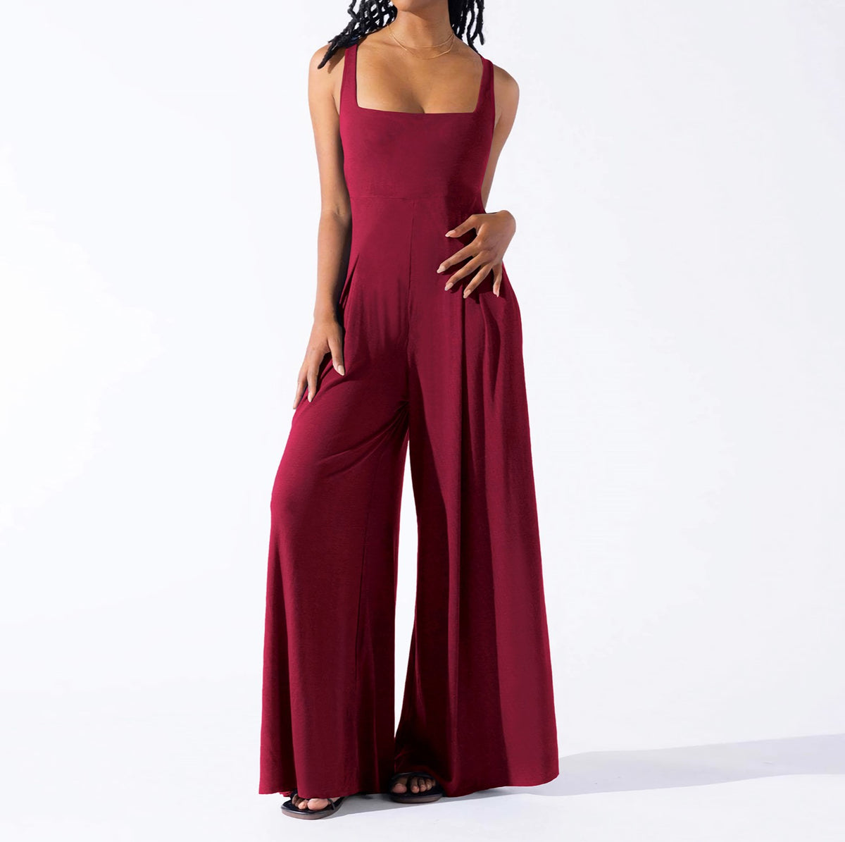 Pleated Wide Leg Jumpsuit With Pockets - Red
