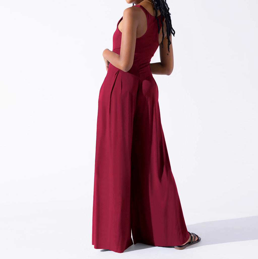 Pleated Wide Leg Jumpsuit With Pockets - Red - 1