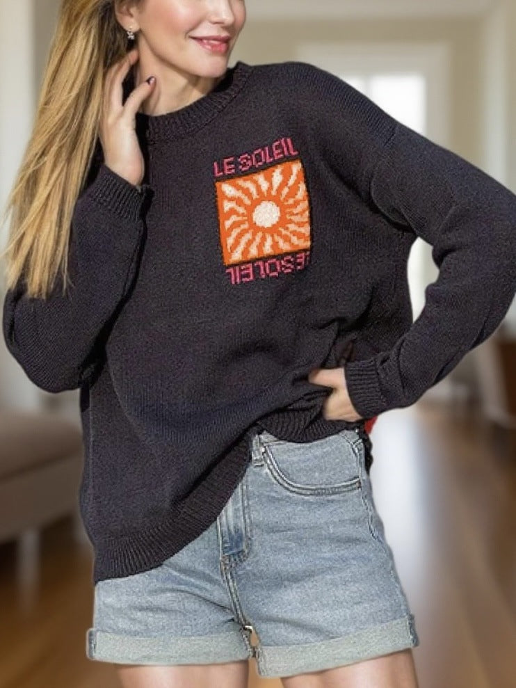 Retro Sunburst Graphic Knit Sweater - Dark - 2