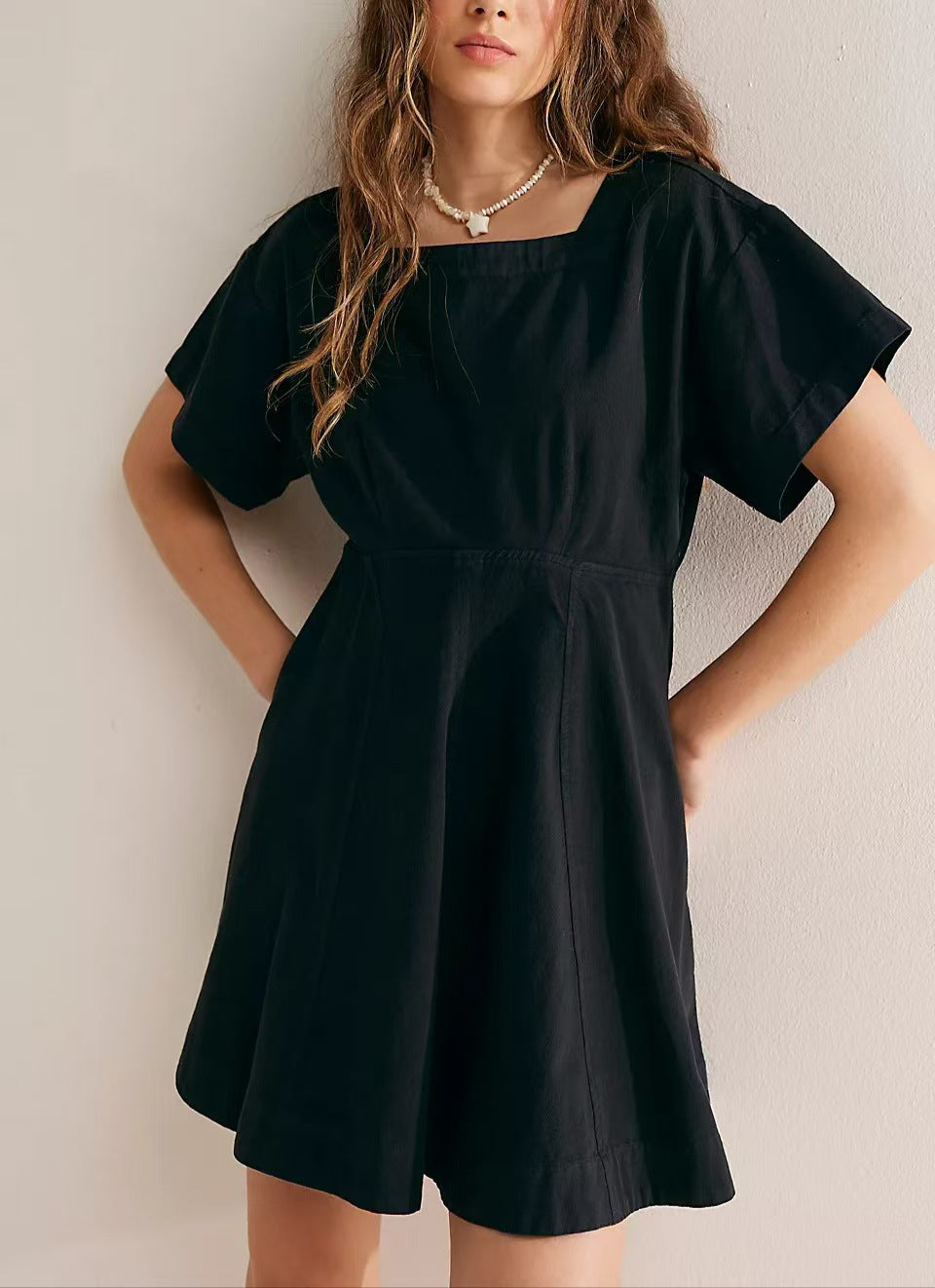 Square Neck Flutter Sleeve Skater Dress - Black