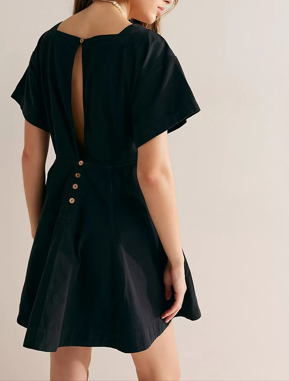 Square Neck Flutter Sleeve Skater Dress - Black - 1