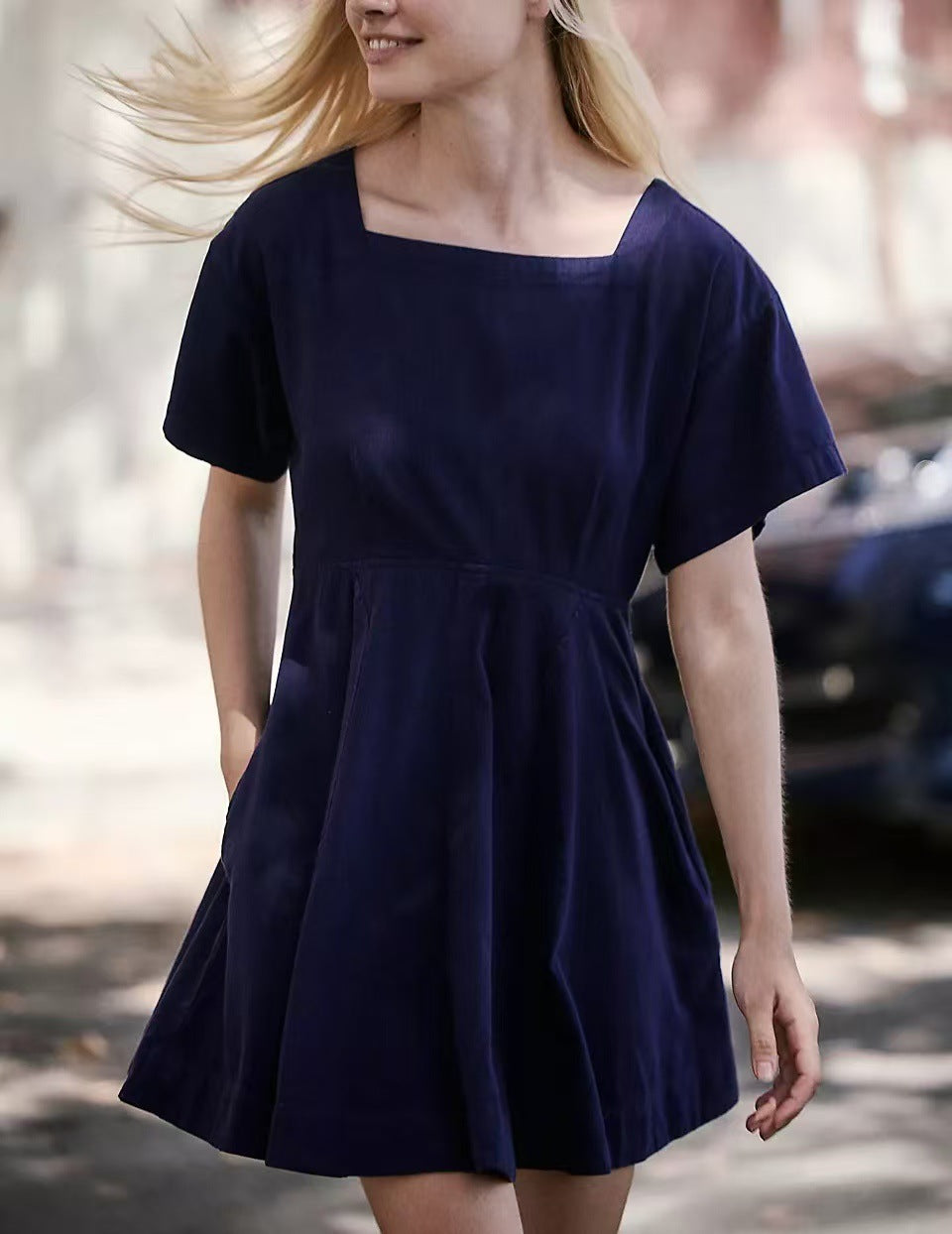 Square Neck Flutter Sleeve Skater Dress - DarkBlue