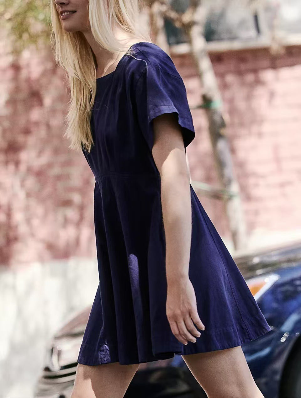 Square Neck Flutter Sleeve Skater Dress - DarkBlue - 1