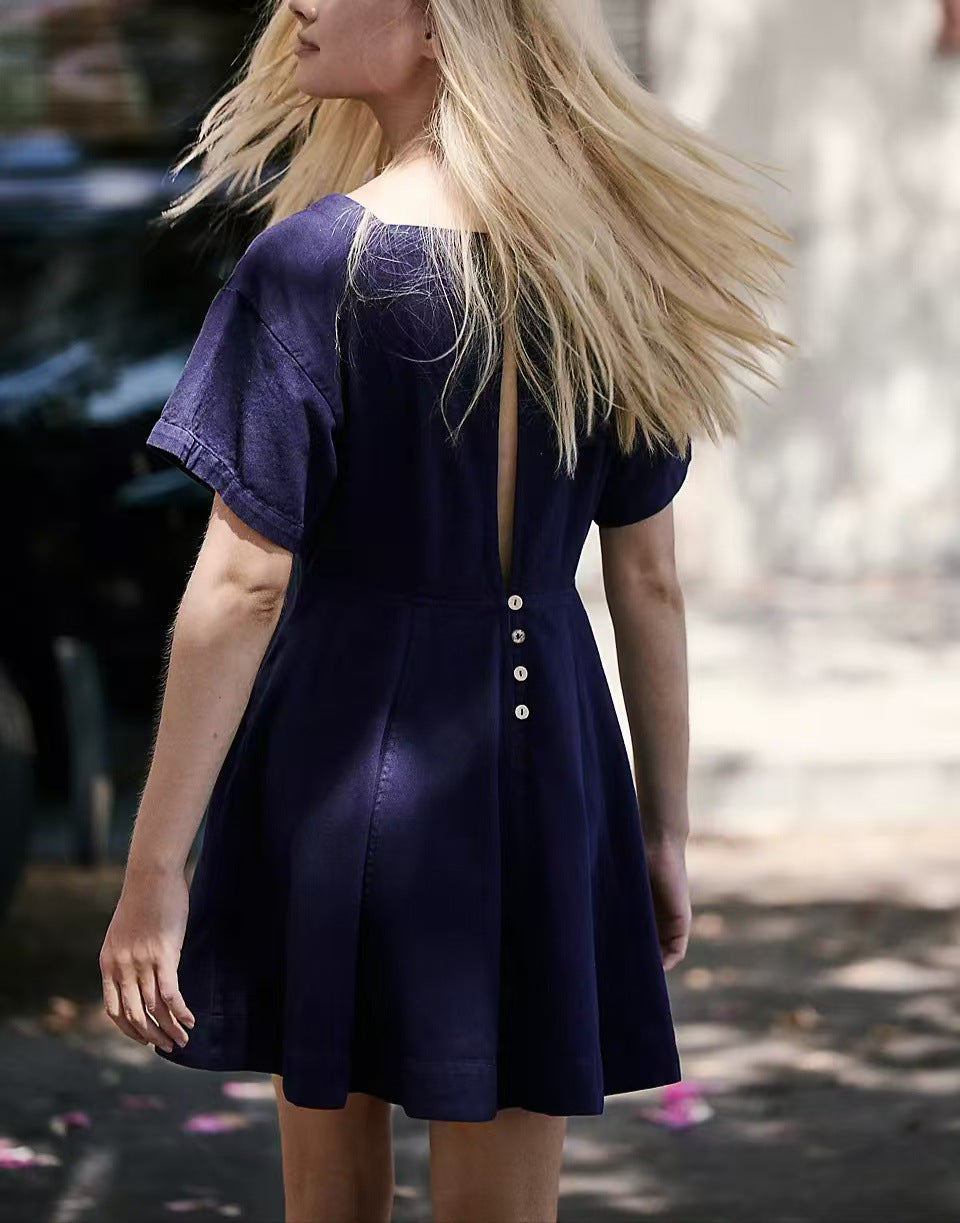 Square Neck Flutter Sleeve Skater Dress - DarkBlue - 2