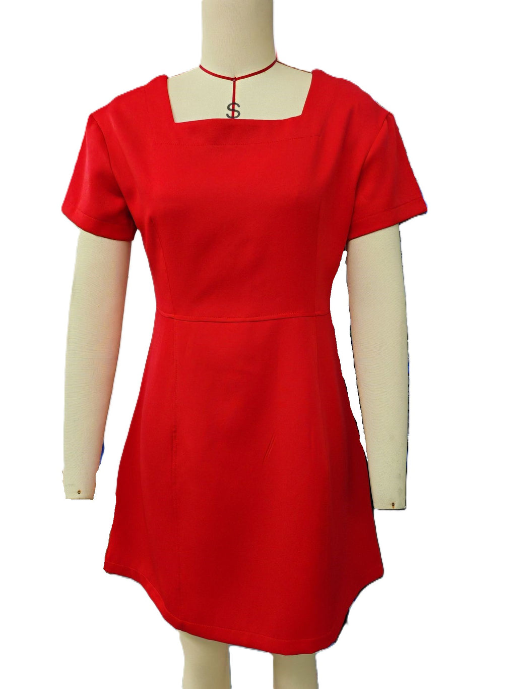 Square Neck Flutter Sleeve Skater Dress - Red