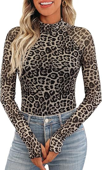 Printed Mesh Mock Neck Long Sleeve Shirt - Leopard