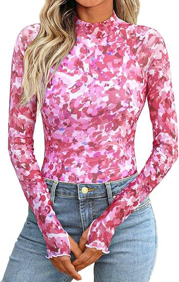 Printed Mesh Mock Neck Long Sleeve Shirt - Rose
