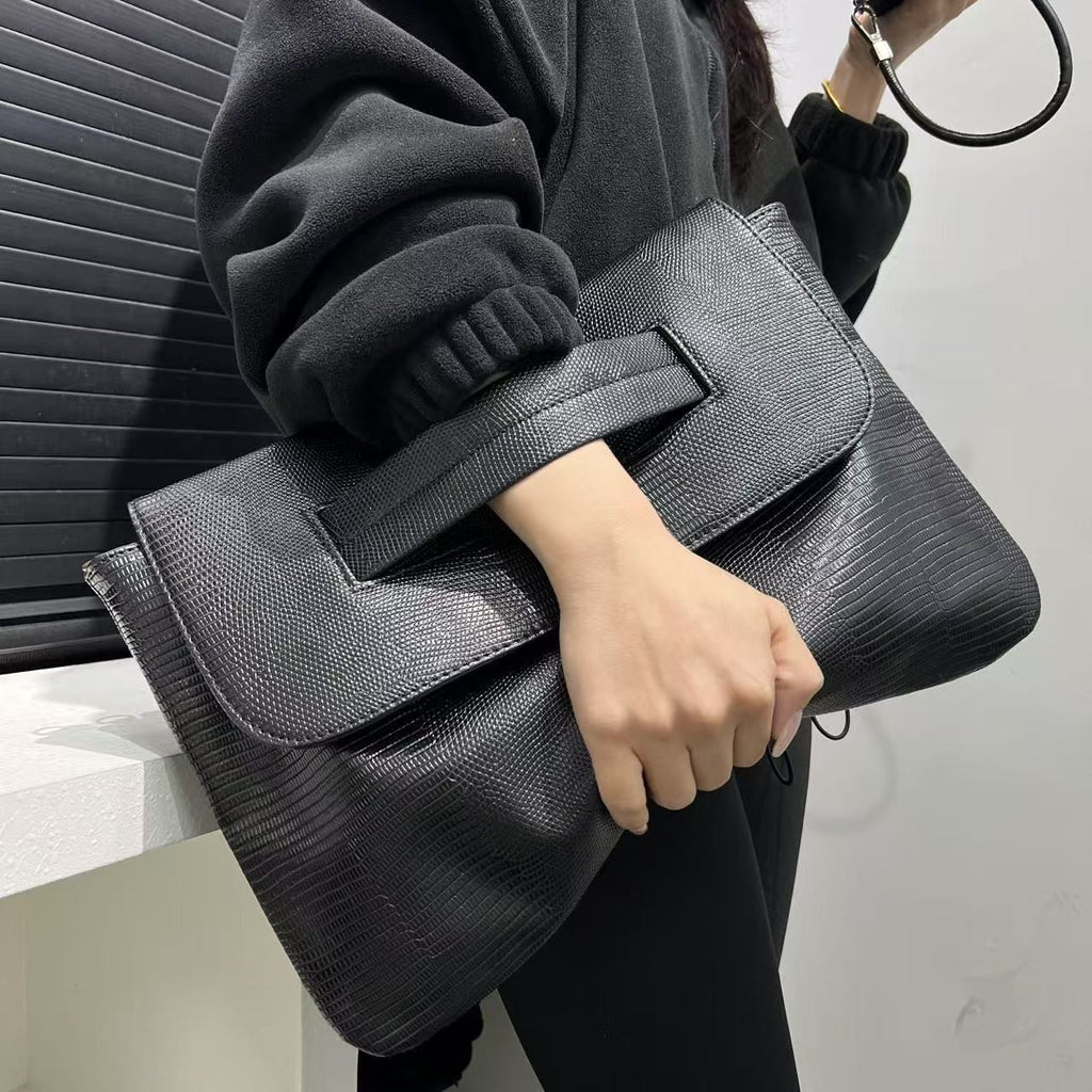 Oversized Envelope Clutch with Wrist Handle - Black Lizard