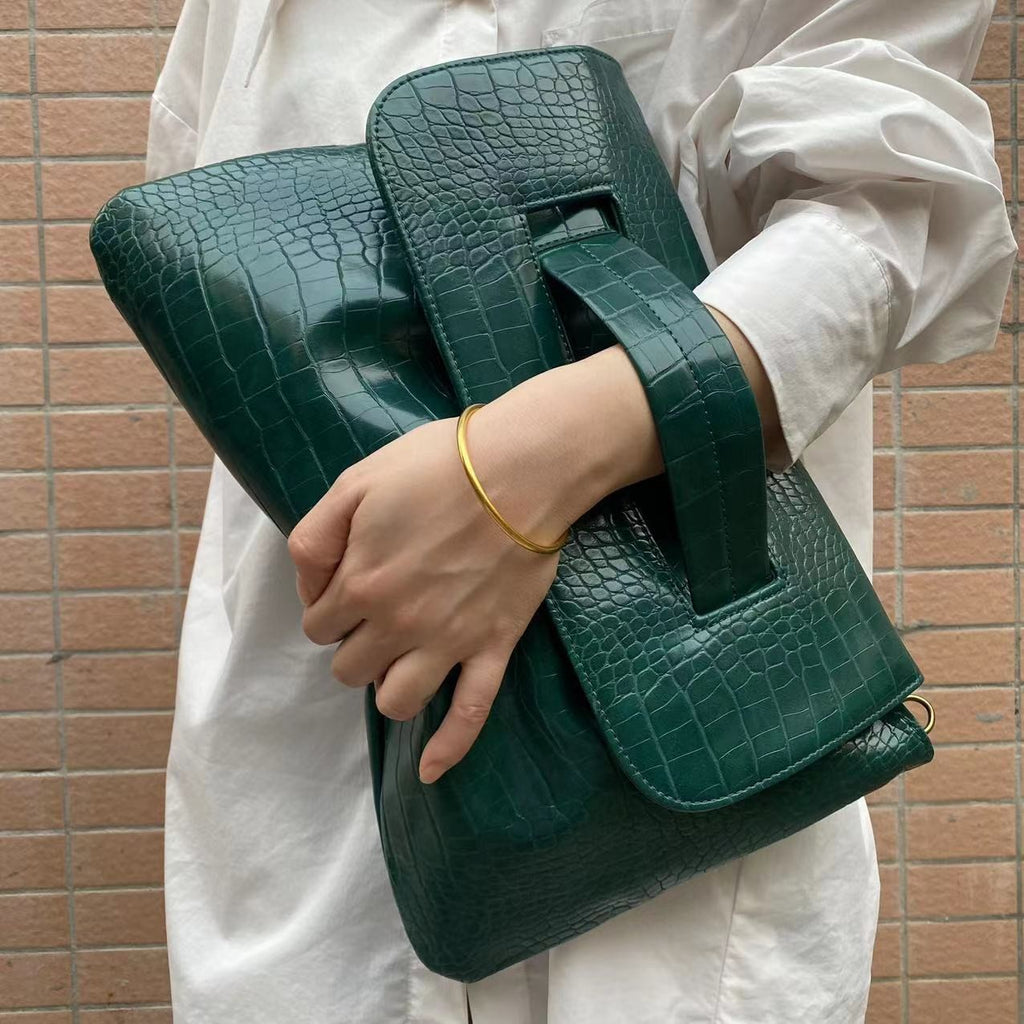 Oversized Envelope Clutch with Wrist Handle - Forest Green