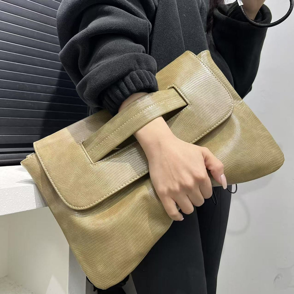 Oversized Envelope Clutch with Wrist Handle - Khaki Lizard