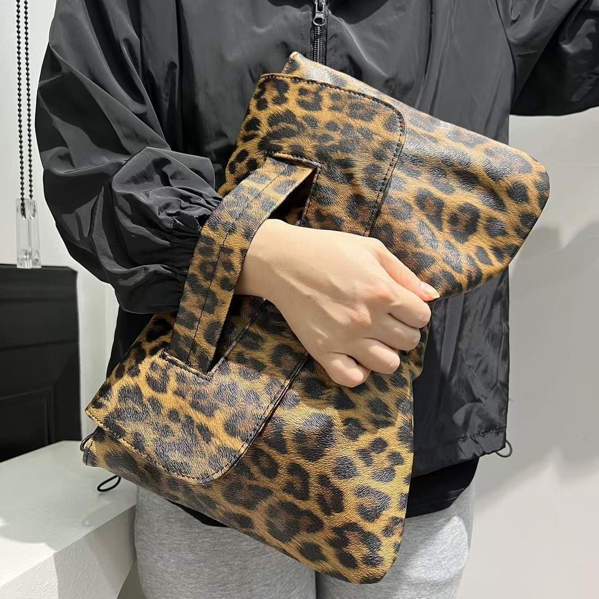 Oversized Envelope Clutch with Wrist Handle - Leopard